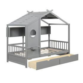 Twin Size House Bed with 2 Storage Drawers and Fence Guardrails-Gray