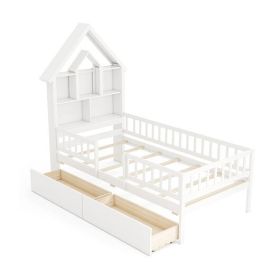 Twin Size House Bed Kids Montessori Bed with House-Shaped Storage Headboard-White