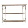 43.5x14x32" Three-Tiered White Wooden Shelving Unit with Ornate Iron Frame