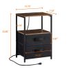 End Table with Charging Station, Nightstand with USB Port, Outlet and Fabric Bag, 2 Drawers & Open Storage Shelf Side Table, Sofa Cabinet for Living R
