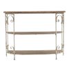 43.5x14x32" Three-Tiered White Wooden Shelving Unit with Ornate Iron Frame