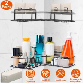 2Pcs Corner Shower Caddy Shelves Wall Mounted Basket Rack Bathroom Shampoo Holder Storage Organizer (Color: black)